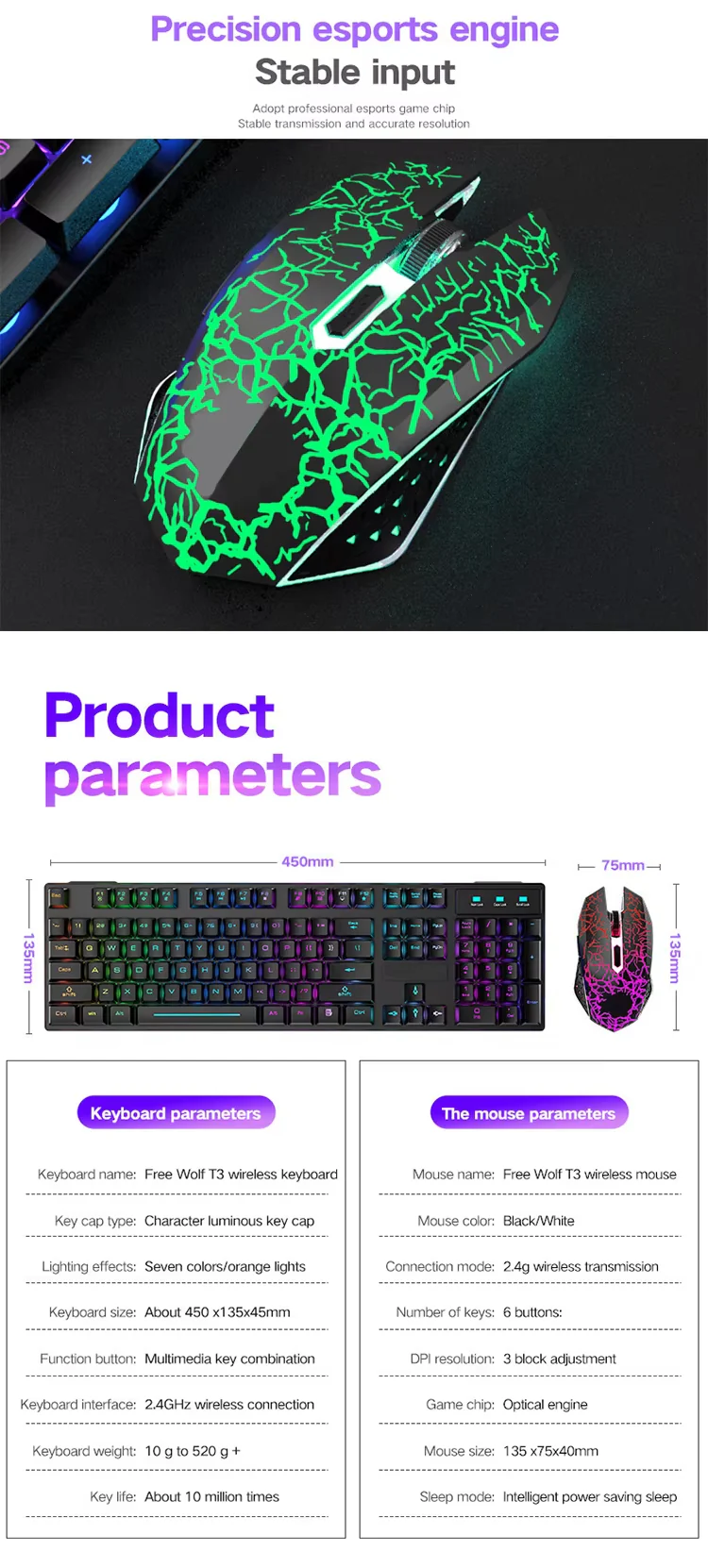 2.4G Wireless Gaming Keyboard and Mouse Combos RGB Led Usb Game Klavye Set for Home Laptop Computer Desktop Win PC Games F2