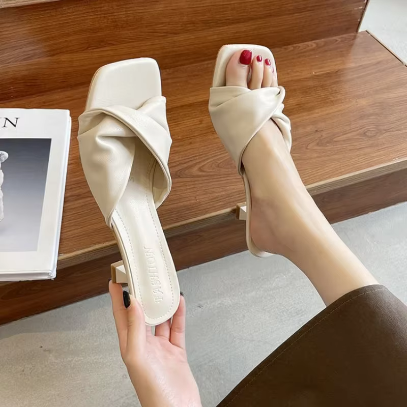 Fashion Summer Women Shoes New Handmade Square Open Toe High Heels Outdoor Fashion Slippers Apricot Off White